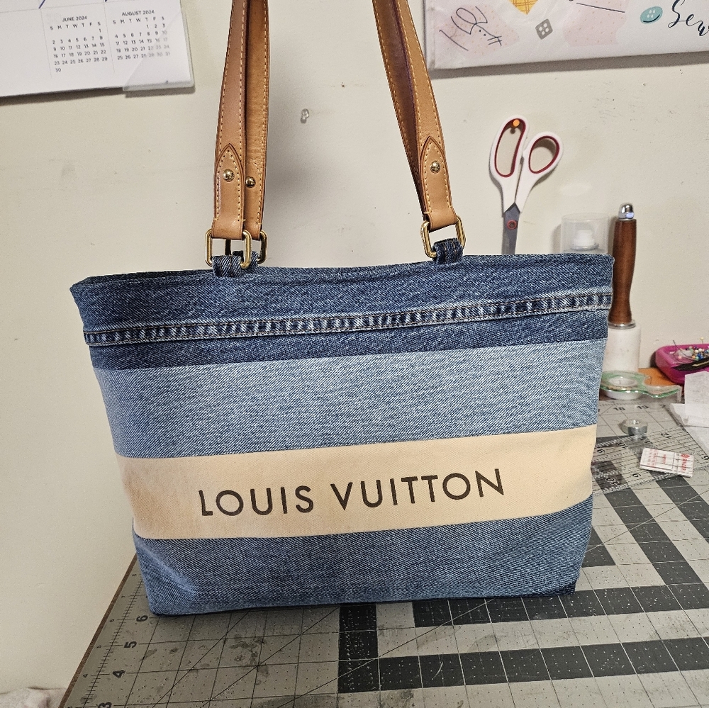❌️SOLD❌️Repurposed Upcycled Denim Tote made with authentic LV handles etc.